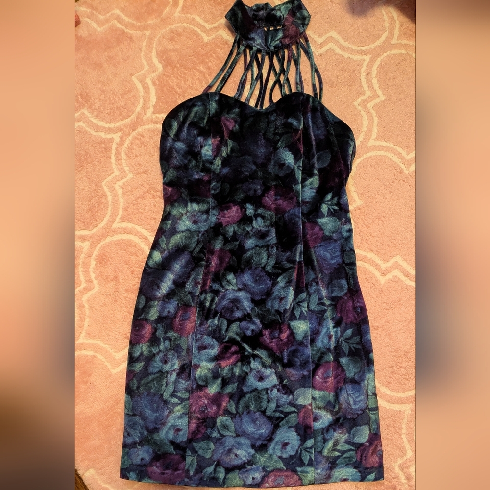 Vintage Floral Strappy Halter Bodycon Dress - Navy & Purple